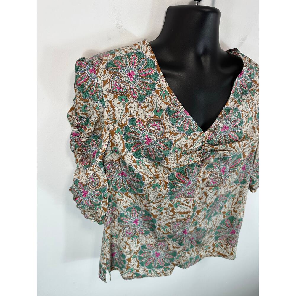 Veronica Beard Henrieta Floral Top Silk Stretch Sz 12 Half Sleeve V Neck Preppy - Picture 10 of 15